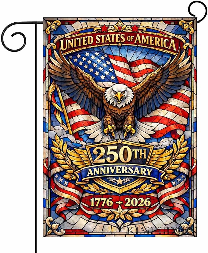 Stained Glass Patriotic Garden Flag 12x18 Inch, 250th Anniversary 1776-2026 American Eagle Flag, 4th of July Independence Day Yard Outdoor Decor, Double Sided Burlap