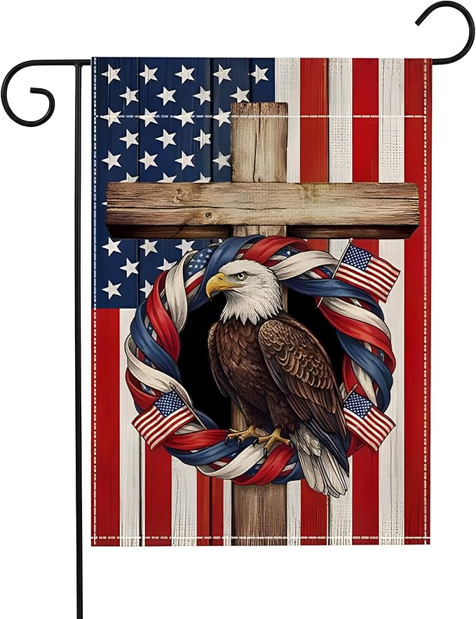 Patriotic Garden Flag, Double-Sided Polyester, Eagle with American Flag Wreath and Cross, 12x18 Inch, Independence Day Vertical Farmhouse Holiday for 4th of July and Memorial Day(D)