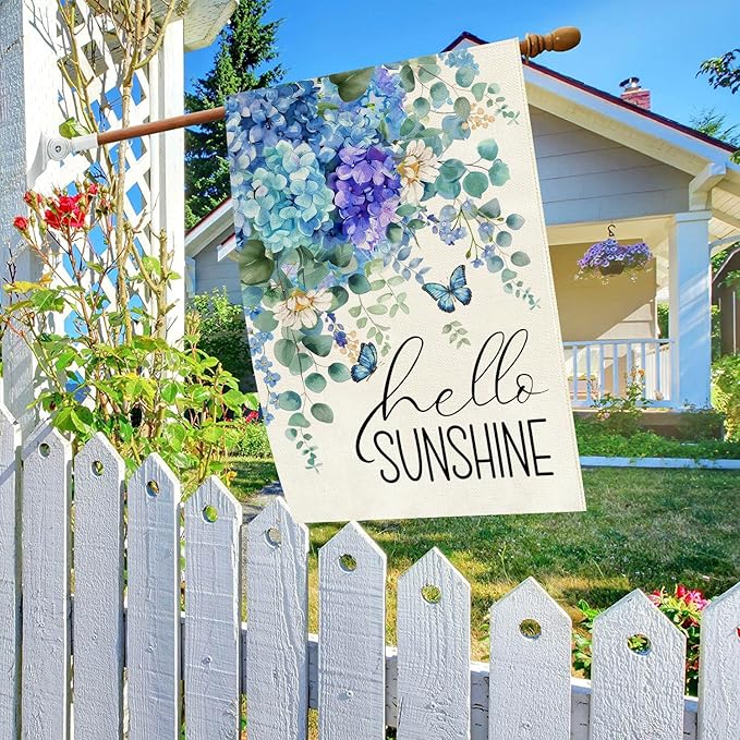 Baccessor Hydrangea House Flag 28 X 40 Inch, Blue Summer Double Sided Burlap Welcome Large Yard Flag Seasonal Holiday Lawn Proch Outdoor Outside Decor