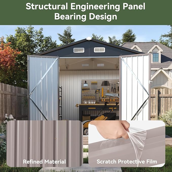 Aoxun 8x6 FT Outdoor Storage Shed Garden Metal Shed with Lockable Door Outdoor Large Shed for Tool, Garbage Can, Bike, Mower, Brown