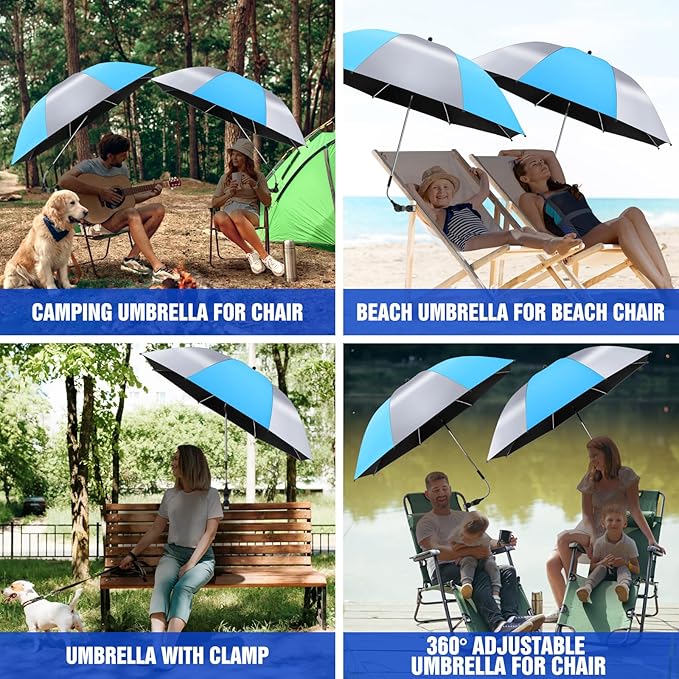 2 Pack Beach Umbrella with 360 Universal Clamp, UPF50+ Umbrella Outdoor Patio Sun Protection for Chairs, Beach &Patio Use (Not Include Chair)