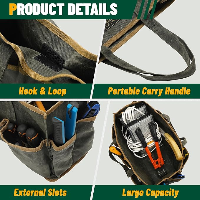 Tool Tote Bag, Heavy Duty 16oz Waxed Canvas Garden Tool Bag | Portable 11-Pocket Tool Storage Bag for Gardener Electrician Contractor Repairman (14"L x 5.5"W x 10.5"H) – Army Green