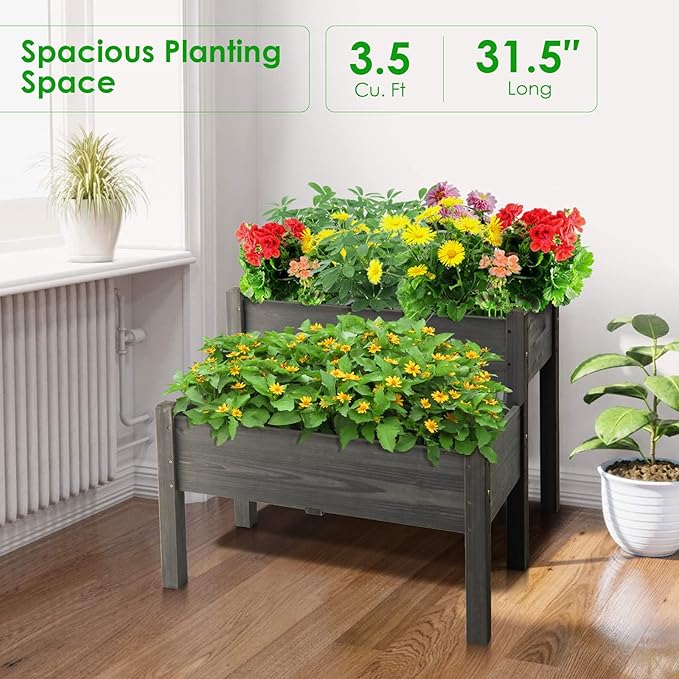 S AFSTAR Raised Garden Bed Set of 2, Wood Elevated Planter Beds with 8 Drainage Holes & 2 Planter Boxes, 3.5 Cu.Ft Outdoor Planting Container for Flowers Vegetables Herbs