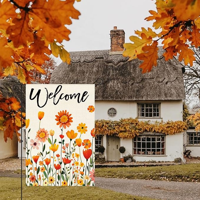 AVOIN colorlife Fall Flowers Welcome Garden Flag 12x18 Inch Double Sided, Seasonal Floral Autumn Rustic Harvest Yard Outdoor Decoration