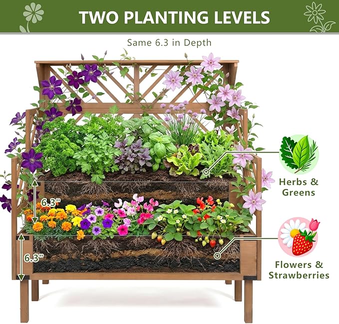 2 Tier Raised Garden Bed with Trellis & Top Shelf, Elevated Wooden Planter Box for Vegetables Flowers Herbs, Outdoor Vertical Gardening Planter for Backyard Patio Balcony