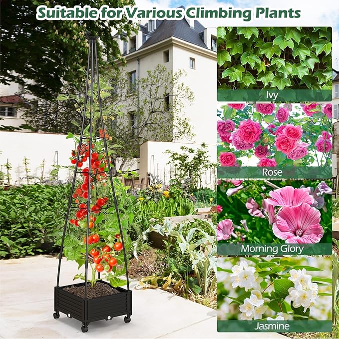 HAPPYGRILL Raised Garden Bed, 81” Tomato Cage w/Self-Drainage System, Adjustable Size & Wheels for Climbing Vine Fruits Flowers, Tomato Planter Box for Indoor Outdoor Yard Lawn Patio Greenhouse