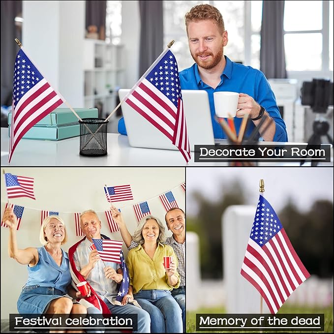 Tegeme 875 Pack Small American Flags on Stick 4 x 6 Inches Handheld Flags with Gold Spearhead for 250th Anniversary, 4th of July, Memorial Day, Parades Patriotic Party Lawn Outdoor Decor