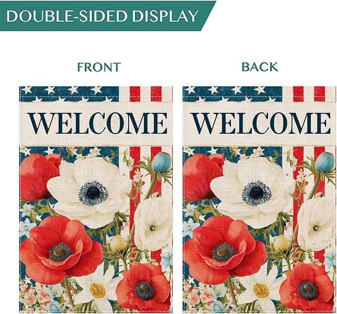 Patriotic 4th of July Floral Welcome Garden Flag 12.5x18 Inch, Double-Sided American Flag Stars Stripes with Poppy Flowers Small Yard Flag, Memorial Day Seasonal Outdoor Decoration