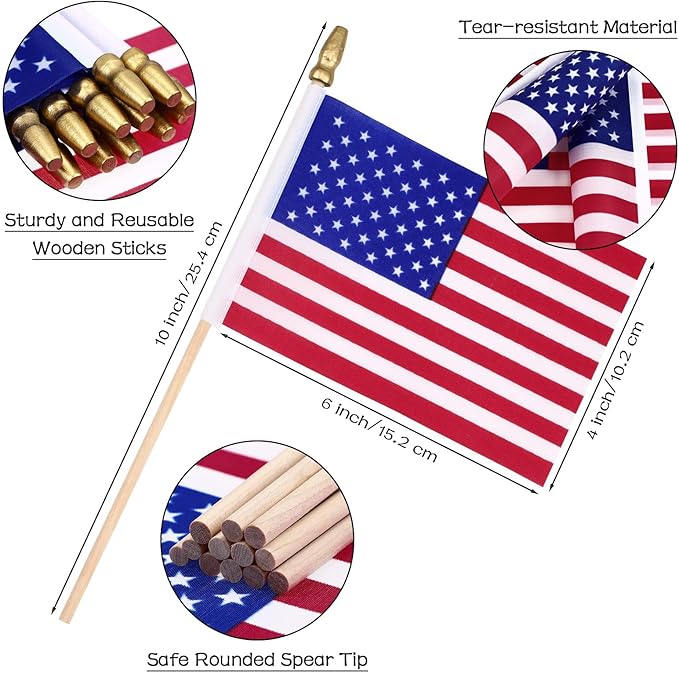 Tegeme 875 Pack Small American Flags on Stick 4 x 6 Inches Handheld Flags with Gold Spearhead for 250th Anniversary, 4th of July, Memorial Day, Parades Patriotic Party Lawn Outdoor Decor