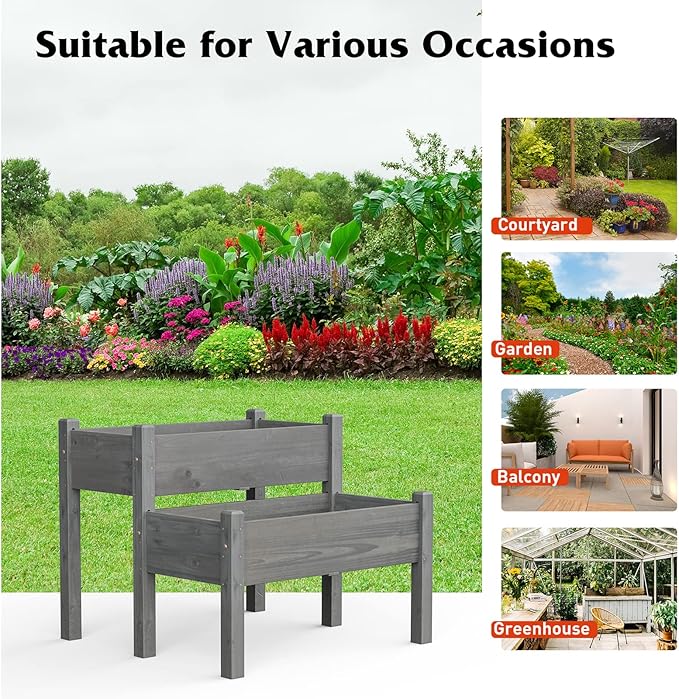 S AFSTAR Raised Garden Bed Set of 2, Wood Elevated Planter Beds with 8 Drainage Holes & 2 Planter Boxes, 3.5 Cu.Ft Outdoor Planting Container for Flowers Vegetables Herbs