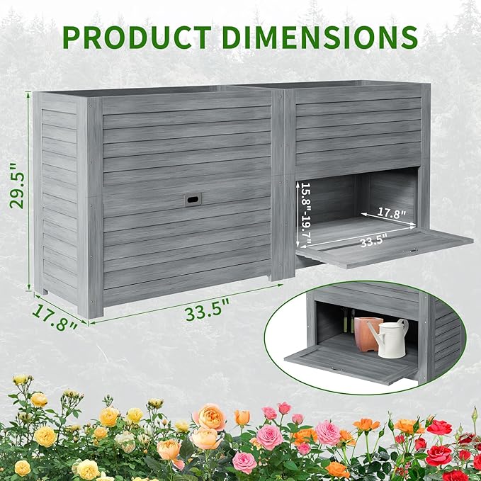 DoCred Wooden Raised Bed Garden with Storage Box, 34" x 18" x 30" Elevated Large Planter Box for Herbs, Vegetables, Flowers Backyard Patio Gardening Balcony
