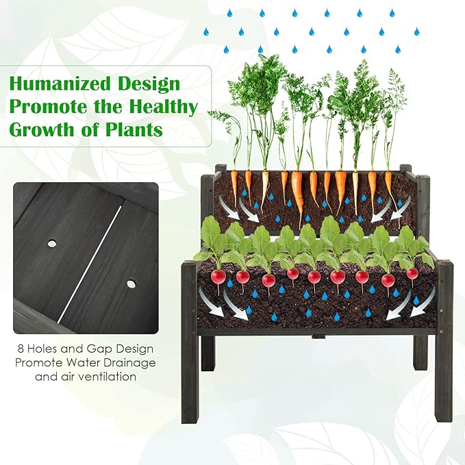 S AFSTAR Raised Garden Bed Set of 2, Wood Elevated Planter Beds with 8 Drainage Holes & 2 Planter Boxes, 3.5 Cu.Ft Outdoor Planting Container for Flowers Vegetables Herbs