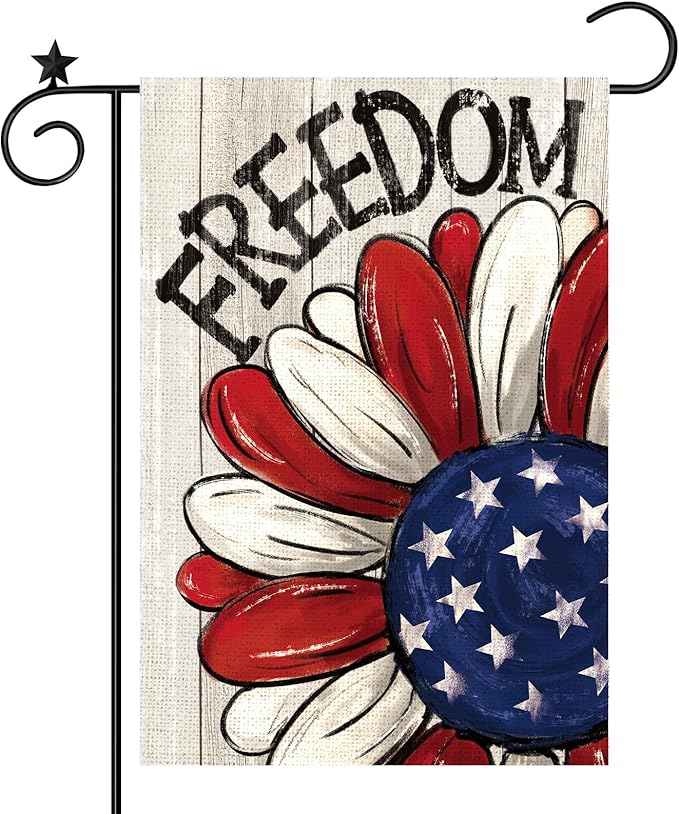 4th of July Patriotic Garden Flag Daisy Double Sided, Freedom Memorial Day Burlap Vertical Garden Flag Independence Day for Small Yard Seasonal Holiday Outdoor Decor 12 x 18 inch