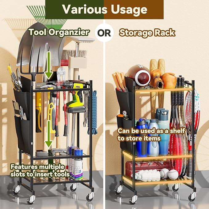 Garden Tool Organizer, Heavy Duty Yard Tool Holder Rack with Hooks and Pockets, Rolling Metal Garage Tool Storage Cart for Outdoor, Black