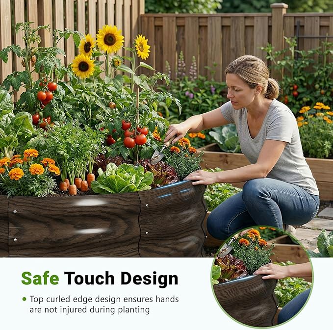 DoCred 3 Pack 3x3x1Ft Round Galvanized Raised Garden Bed, Metal Garden Bed Outdoor Kit for Gardening, Above Ground Planter Box for Plants Vegetables Herbs Flowers, Wood Grain
