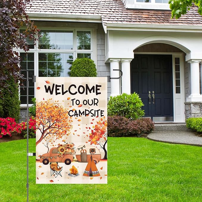 12x18inch Fall Camping Garden Flags Welcome To Our Campsite Garden Flag Double Sided Polyester Outdoor Decor Camping Flags For Campsite Home Yard Party Decoration (CP6)
