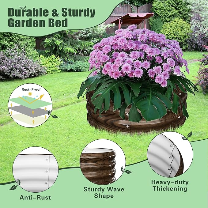 DoCred 3 Pack 2x2x1Ft Round Galvanized Raised Garden Bed, Metal Garden Bed Outdoor with Tomato Cages for Gardening, Above Ground Planter Box for Plants Vegetables Herbs Flowers, Wood Grain