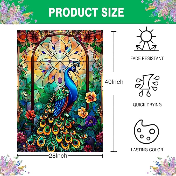Stained Glass Peacock Garden Flag Spring Summer House Flag Double Sided 28x40 Inch, Outdoor Decorative Flag for Yard Lawn and Patio
