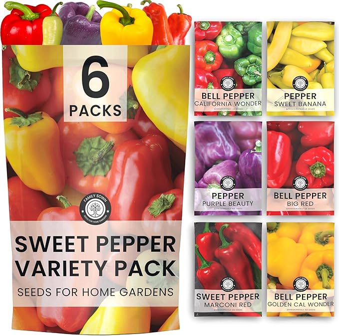 Sweet Pepper Seeds | 6 Individual Packs | 2026 Season | Non-GMO | Bell Pepper California Wonder, Purple Beauty, Sweet Banana & More! | for Planting Indoor & Outdoor | by Family Sown
