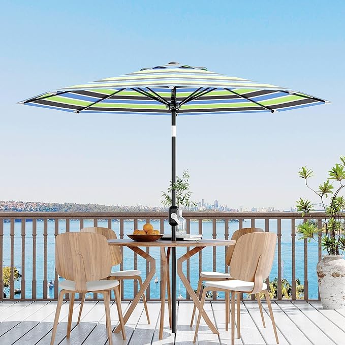 9 ft Patio Umbrella - 8 Sturdy Ribs Outdoor Table Umbrella with Crank Lift & Push Button Tilt - Market Umbrella for Pool, Deck, Yard, Garden - Tricolor Stripe