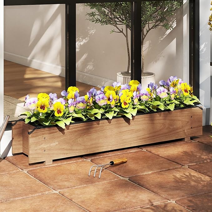 2 Pieces Wooden Raised Garden Bed with Drainage Holes, Liner, Rectangular Elevated Planter Box for Vegetable Flower Herb Succulent, Indoor Outdoor Growing Bed for Backyard Patio Balcony