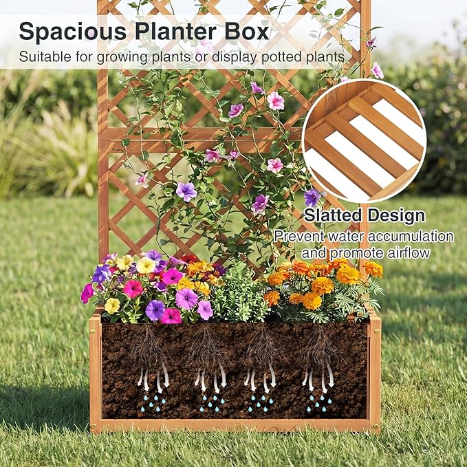 S AFSTAR Wooden Raised Garden Bed with Trellis, 63" Tall Planter Box with Drainage for Vines Climbing Plants Flowers Herbs, Elevated Gardening Planter for Backyard, Balcony & Patio