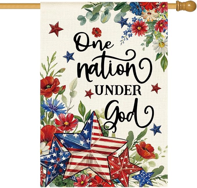 AVOIN colorlife Memorial Day Patriotic 4th of July House Flag 28x40 Inch Double Sided Outside, One Nation Under God Floral Yard Outdoor Decoration