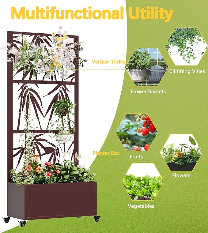 Metal Planter Box with Trellis, 71"x 35"x 16" Raised Garden Bed with Trellis, Planter Box Trellis with Privacy Screen, Drainage Holes and 4 Lockable Wheels, Brown, Bamboo Style