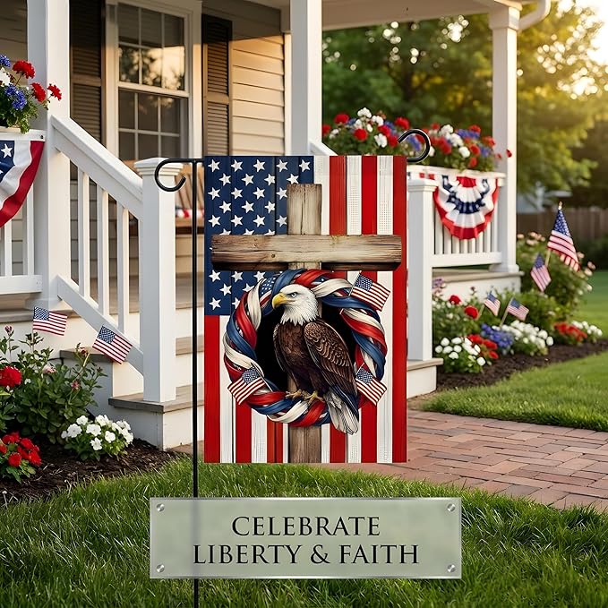 Patriotic Garden Flag, Double-Sided Polyester, Eagle with American Flag Wreath and Cross, 12x18 Inch, Independence Day Vertical Farmhouse Holiday for 4th of July and Memorial Day(D)