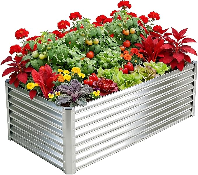 Galvanized Raised Garden Bed Kit Outdoor Patio,6x3x2ft Large Rectangular Metal Planter Boxes,Deep Root Box Planter for Gardening, Vegetables, Flowers, Herbs, 1 Pack, Silver