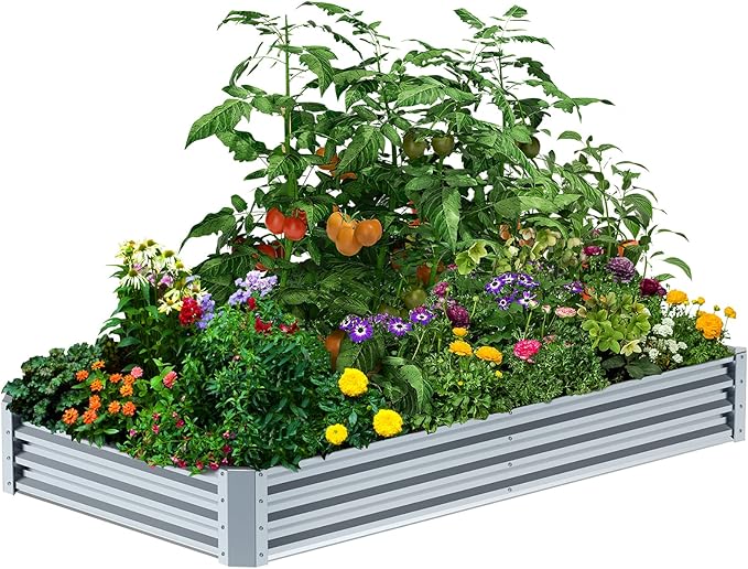 8×4×1FT Galvanized Raised Garden Bed Kit, PETNOZ Easy Quick Setup Raised Garden Boxes Outdoor With Metal Stake To Fix, Optional Size Rustproof Planter Box With No Bottom For Vegetables, Flowers, Herbs