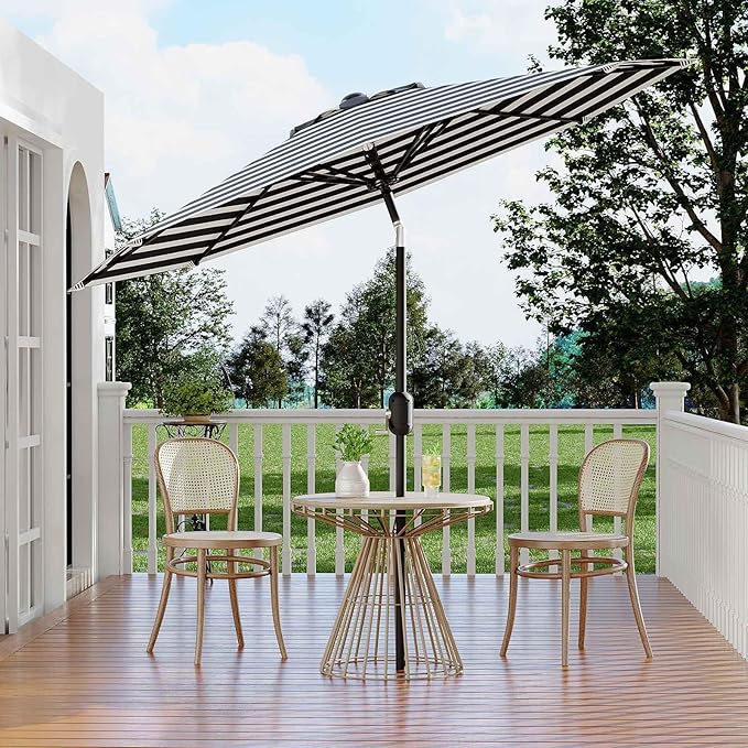9 ft Patio Umbrella - 8 Sturdy Ribs Outdoor Table Umbrella with Crank Lift & Push Button Tilt - Market Umbrella for Pool, Deck, Yard, Garden - Black & White Stripe