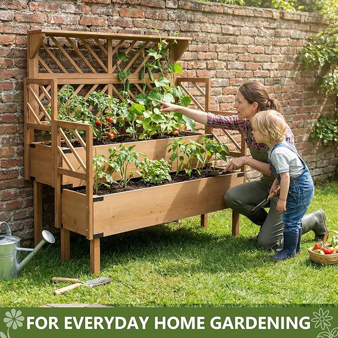 2 Tier Raised Garden Bed with Trellis & Top Shelf, Elevated Wooden Planter Box for Vegetables Flowers Herbs, Outdoor Vertical Gardening Planter for Backyard Patio Balcony