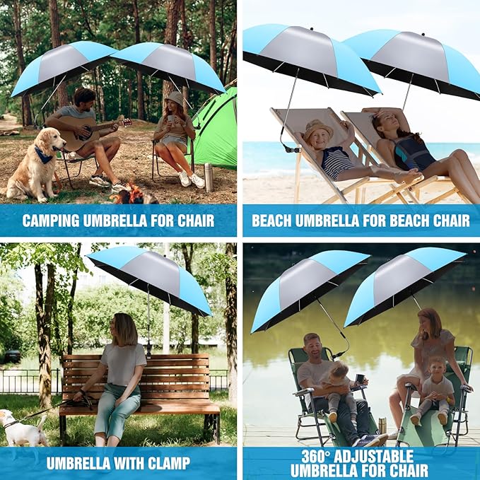 2 Pack Beach Umbrella with 360 Universal Clamp, UPF50+ Umbrella Outdoor Patio Sun Protection for Chairs, Beach &Patio Use (Not Include Chair)