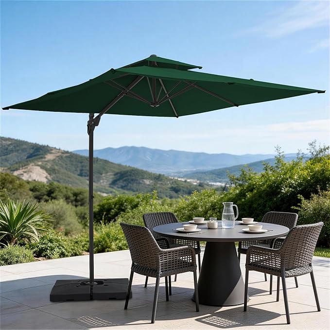 JEAREY 9ft Cantilever Patio Umbrella Outdoor Square Large Offset Umbrella Double Top Roating Heavy Duty Sun Umbrella for Patio Lawn Garden Backyard and Pool,Dark Green