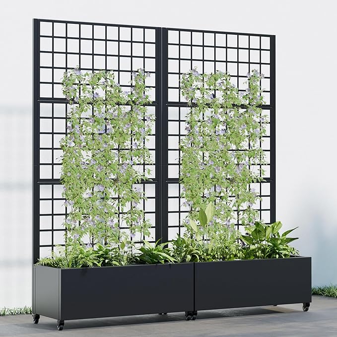 Casaphoria 72"x35" Metal Raised Garden Bed with Trellis(2 Pack), Outdoor Planter Box with Wheels & Drainage Holes for Climbing Plants, Flowers, Elevated Garden Kit with Privacy Screen, Black-Gird