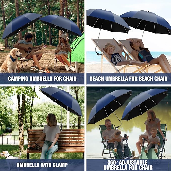 2 Pack Beach Umbrella with 360 Universal Clamp, UPF50+ Umbrella Outdoor Patio Sun Protection for Chairs, Beach &Patio Use (Not Include Chair)