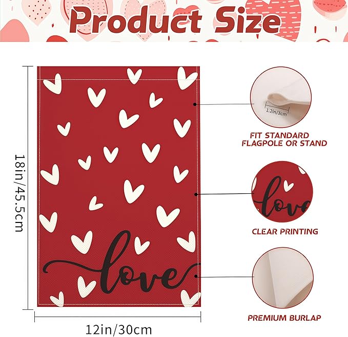 Valentines Day Garden Flag, 12x18 Inch Double Sided Red Love Hearts Design Hearts Rustic Anniversary Wedding Decor Indoor Outdoor Yard Flag Decoration