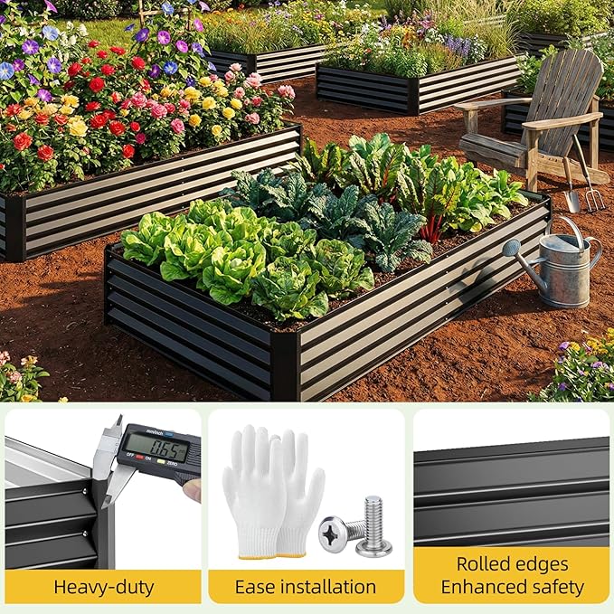 SUPERLELE 6x3x1ft Black Metal Raised Garden Beds, Thickened Color Steel Planter Box for Outdoor Vegetables & Flowers, 72" L x 36" W x 12" H