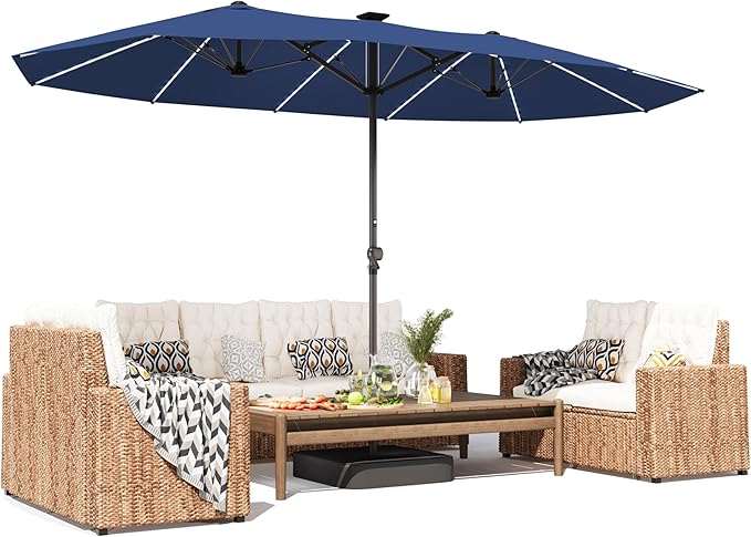 15ft Large Patio Umbrella with Solar Lights, Outdoor Double-Side Rectangular Umbrella with Base Included, Backyard Pool Umbrella with LED Light for Deck, Outside, Market, Navy