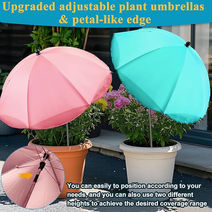 Upgraded Plant Umbrellas for Outdoor Plants 50" Tall 26" Canopy Adjustable Angle Garden Bed Shade Cover with Sturdy Metal Stake & UV Protection Plant Cover for Potted Plants Flower Pot