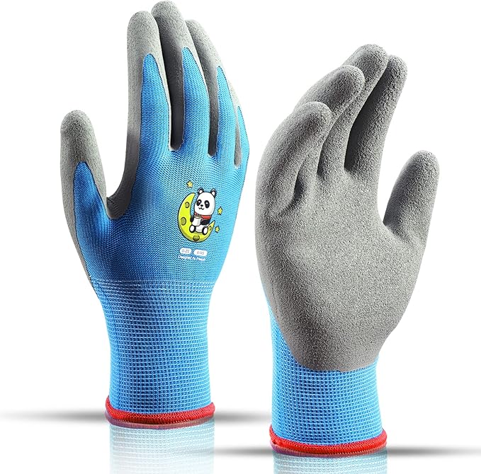 Ages 5-7 Kids Gardening Gloves,Yard Work Gloves for Toddlers, Youth, Girls, Boys, Childrens, Soft Safety Rubber Gloves (XXS Age 5-7, 1 Pair Sky Blue Panda)