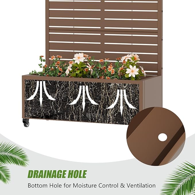 Casaphoria 72"x35" Metal Raised Garden Bed with Trellis(2 Pack), Outdoor Planter Box with Wheels & Drainage Holes for Climbing Plants, Flowers, Elevated Garden Kit with Privacy Screen, Brown-Louvered
