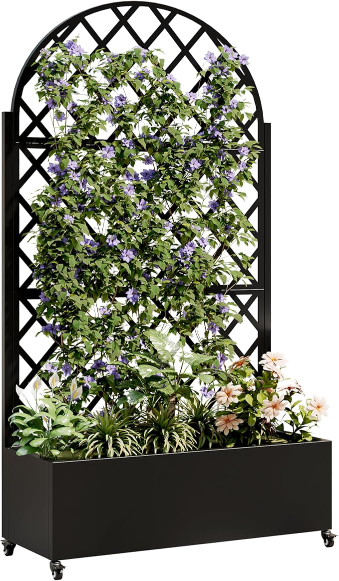 Metal Raised Garden Bed with Trellis and Wheels, Privacy Planters for Patio, Planter Box with Trellis for Climbing Plants, Vegetables & Vines, Features Drainage Holes and Privacy Screen (Arched)