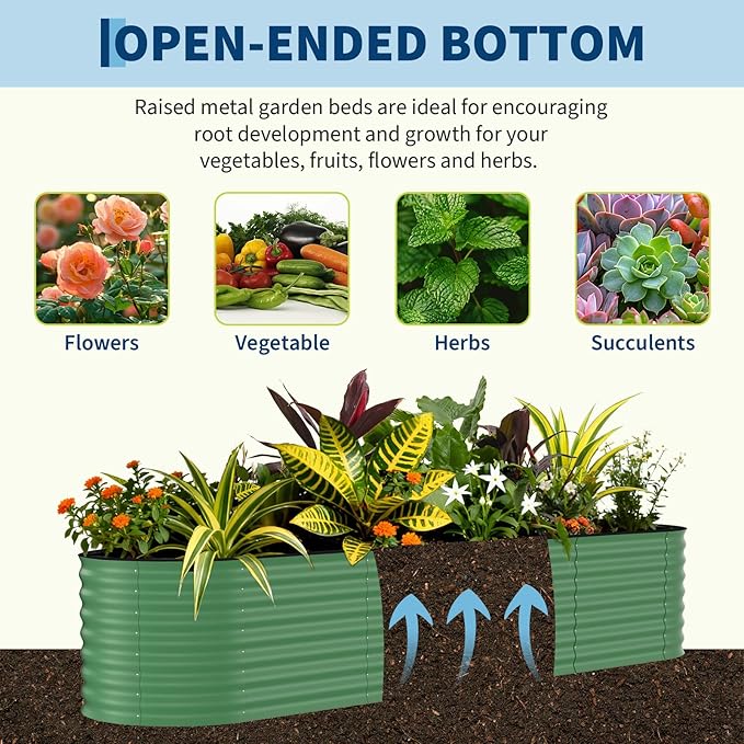 Garvee 4 Pack Galvanized Raised Garden Bed, 8x2x1.5 ft Metal Planter Box for Flowers Vegetables, Rust-Resistant Raised Garden Beds for Gardening, Easy Assembly Outdoor Garden Box & Planters, Green