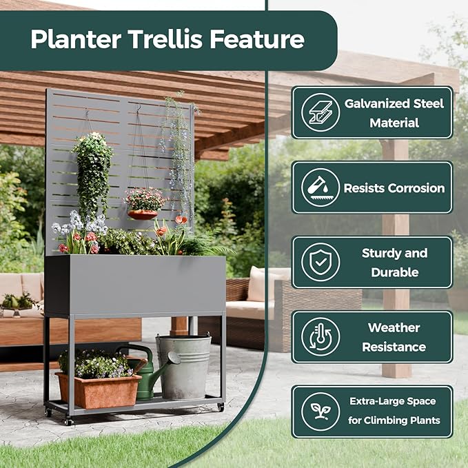 Metal Planter Box, Multi-Functional & Easy to Assemble, 67" H x 35" W Raised Garden Bed for Climbing Plants, Elevated Standing Garden Planter with Drainage Holes for Outdoor Patio, Grey