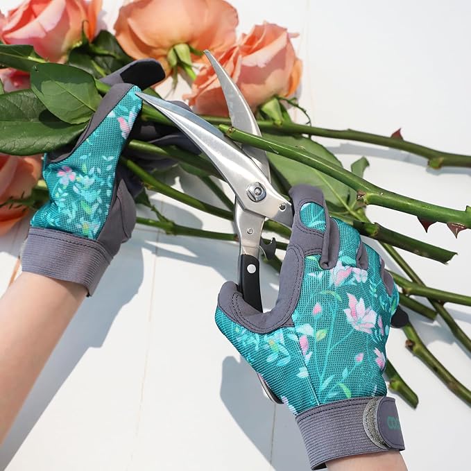 COOLJOB Medium Gardening Work Gloves for Women Ladies, Thorn Proof for Rose Pruning, Cactus Handling, Blackberry Bush Planting, Puncture Resistant Anti-Slip Flexible, 1 Pair M Green Flower