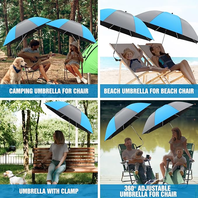 2 Pack Beach Umbrella with 360 Universal Clamp, UPF50+ Umbrella Outdoor Patio Sun Protection for Chairs, Beach &Patio Use (Not Include Chair)