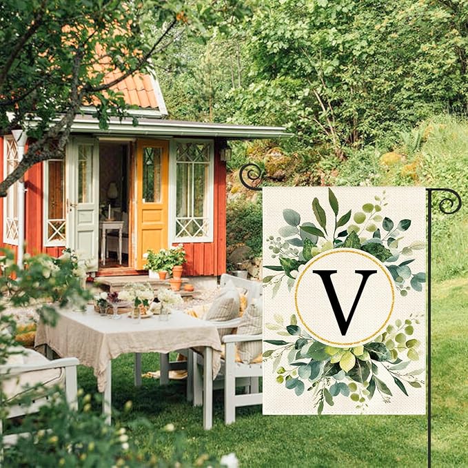 AVOIN colorlife Monogram Letter V Floral Garden Flag 12x18 Inch Double Sided Outside, Family Last Name Initial Yard Outdoor Decoration