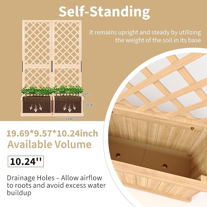 Cedar Privacy Screen w/Planter Box - 41"x10"x65", 2 Hinged Freestanding Garden Fence Panel, Drain Holes, Natural Wood Room Divider for Patio, Deck, Backyard, Balcony, Raised Bed